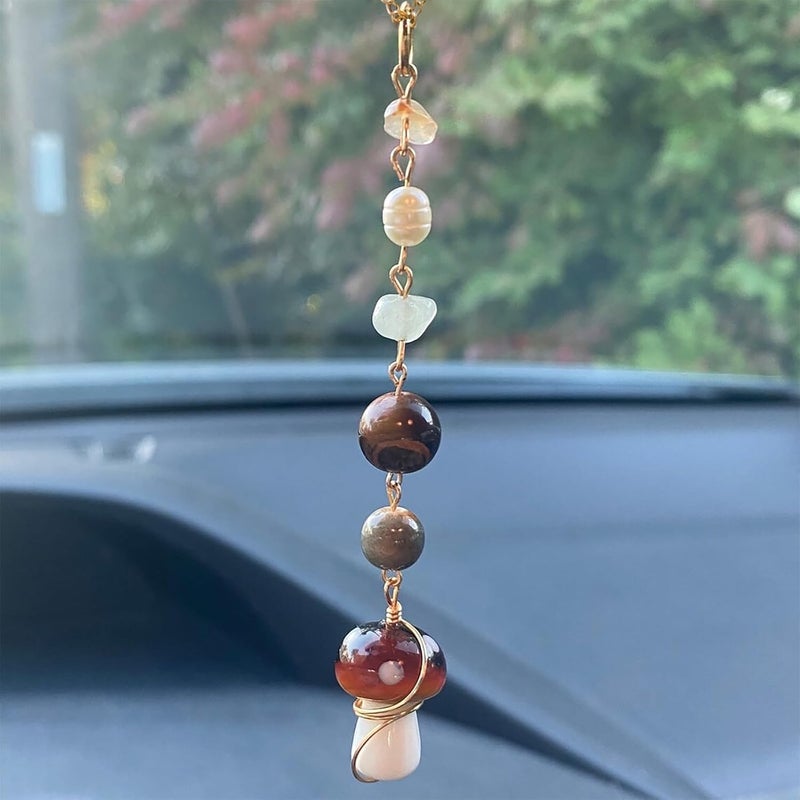 Qpige Mushroom Car Accessories for Women Cute Mushroom Hanging Ornament Boho Rear View Mirror Accessories Interior Car Decor Bag Charms Gifts for Women Girls (Brown) - Image 1